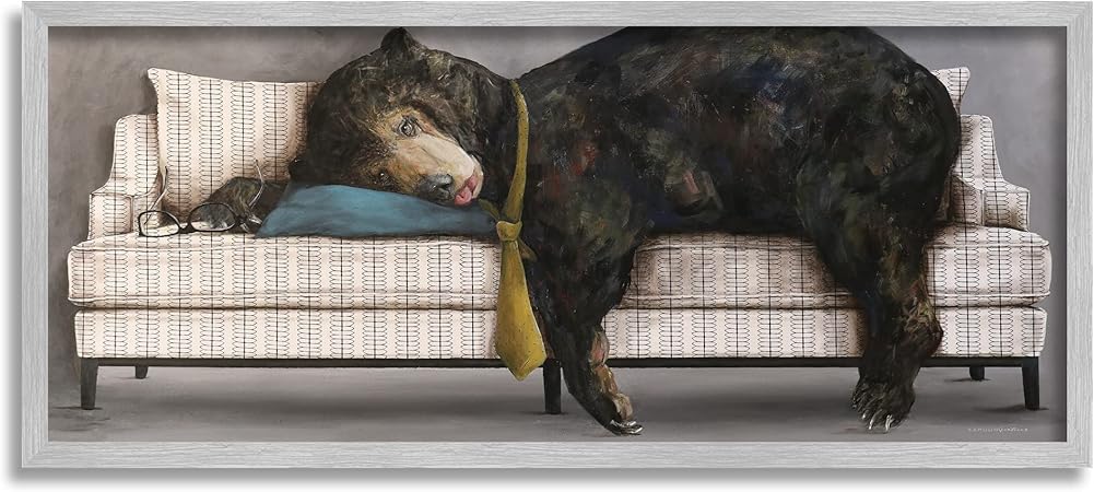 Stupell Industries Exhausted Papa Bear Sleeping Business Tie Modern Couch, Designed by Kamdon Kreations Gray Framed Wall Art, 24 x 10, Grey