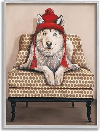 Stupell Industries Winter Husky Red Pom Hat Chic Livingroom Chair, Designed by Kamdon Kreations Gray Framed Wall Art, 16 x 20, Brown