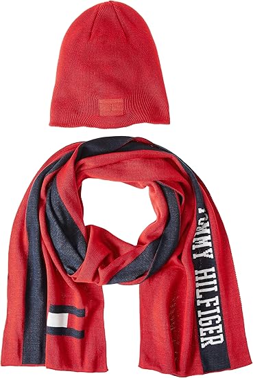 Tommy Hilfiger Men's Embroidered Flag Beanie and Logo Scarf Set