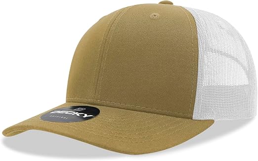 DECKY Standard 6 Panel Mid Profile Structured Cotton Blend Trucker, KHA/WHT, Multi