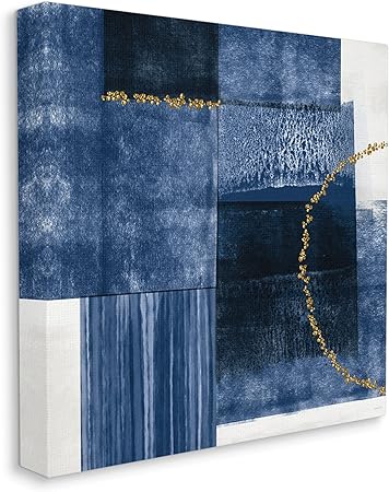 Stupell Industries Layered Blue Rectangle Shapes Gold Curve Abstraction, Designed by Linda Woods Canvas Wall Art