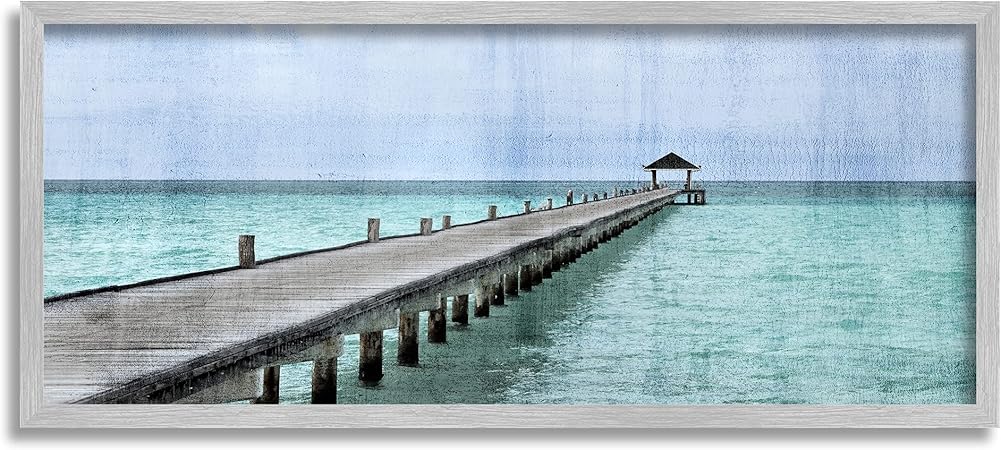 Stupell Industries Long Wharf Beach Paradise Distressed Ocean Waters, Designed by Kim Allen Gray Framed Wall Art, 10 x 24, Blue