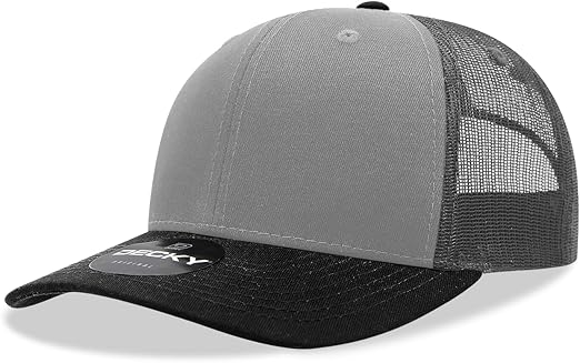 DECKY Standard 6 Panel Mid Profile Structured Cotton Blend Trucker, BLK/Gry/CHA, Multi