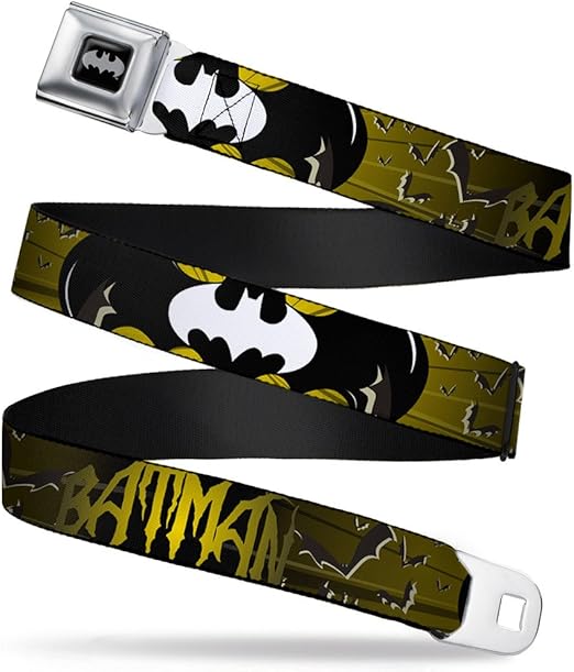 Buckle-Down Men's Seatbelt Belt Kids, Batman Signals/Flying Bats Yellow/Black/White, 1.0