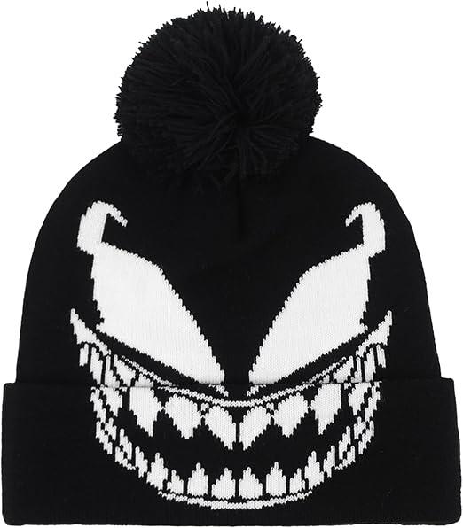 Marvel Venom Beanie Hat, Intarsia Winter Knit Cap with Cuff and Pom, Face Design, Black, One Size