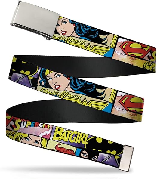 Buckle-Down Web Belt - Batgirl/Wonder Woman/Supergirl Retro Panels Black/Pink/White