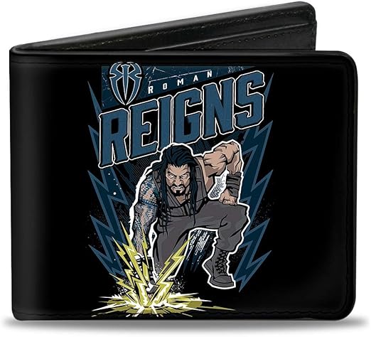 Buckle-Down PU Bifold Wallet - ROMAN REIGNS Electrified Pose + Icon ROMAN REIGNS HIT HARD HIT OFTEN Black/Blues/White