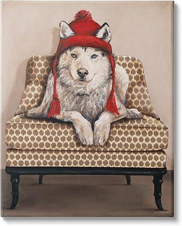 Stupell Industries Winter Husky Red Pom Hat Chic Livingroom Chair, Designed by Kamdon Kreations Canvas Wall Art, 16 x 20, Brown