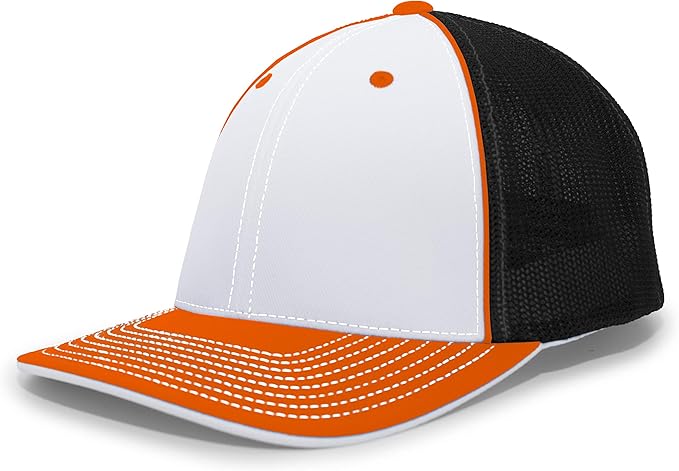 Pacific Headwear Trucker Pacflex Cap, White/Black/Orange, Small