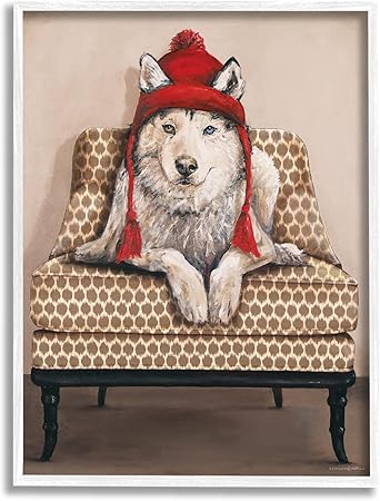 Stupell Industries Winter Husky Red Pom Hat Chic Livingroom Chair, Designed by Kamdon Kreations White Framed Wall Art, 11 x 14, Brown