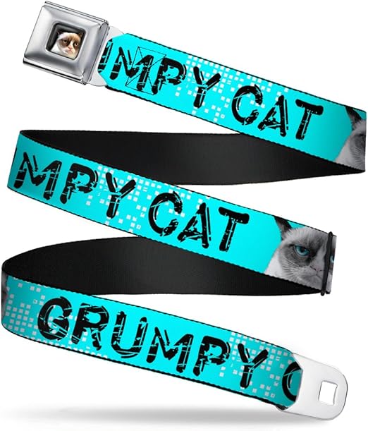 Buckle-Down Seatbelt Belt - GRUMPY CAT Scratched w/Face C/U Turquoise/White/Black - 1.0