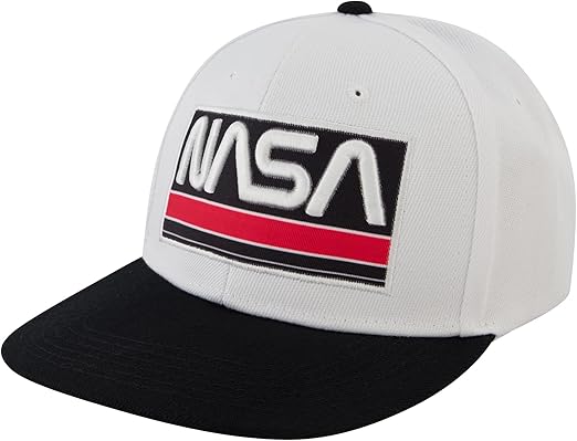 NASA Baseball Cap, Skater Snapback Hat with Embroidered Logo, White/Black, One Size