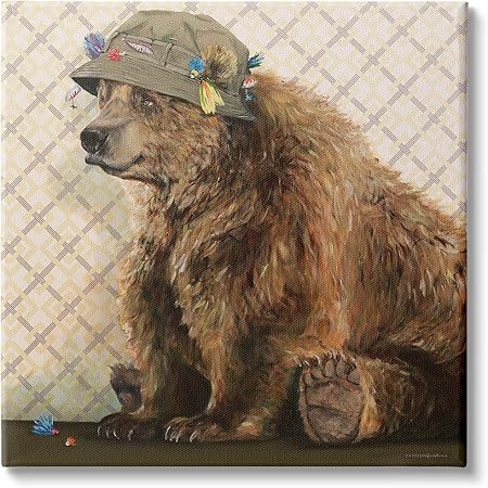 Stupell Industries Rustic Brown Bear Wearing Fisherman's Hat Geometric Pattern, Designed by Kamdon Kreations Canvas Wall Art, 17 x 17, Beige