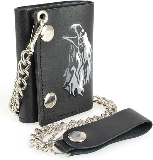 Milwaukee Leather MLW7838 Men's 4” Leather “Flaming Eagle” Tri-Fold Wallet w/Anti-Theft Stainless Steel Chain