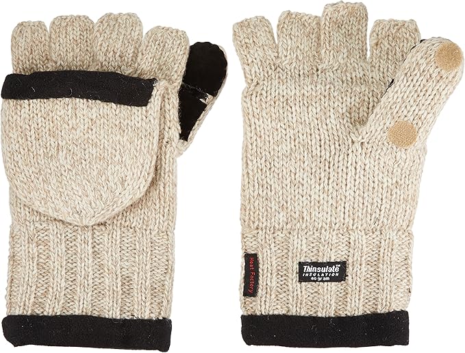 Heat Factory Fleece-Lined Ragg Wool Gloves with Fold-Back Finger Caps and Hand Heat Warmer Pockets, Men's