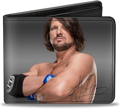 Buckle-Down PU Bifold Wallet - AJ Styles Pose/Autograph + I AM PHENOMENAL/Stars Grays/Black/White