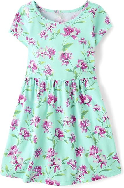 The Children's Place Baby Girls' Short Sleeve Everyday Dresses, Floral Aqua, XX-Large