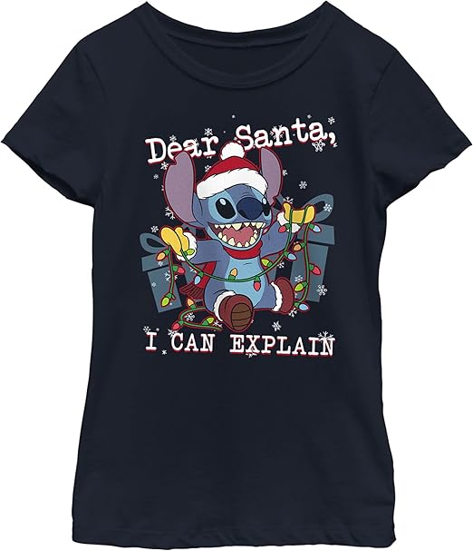 Disney Lilo & Stitch Santa I Can Explain Girls T-Shirt, Navy Blue, X-Large