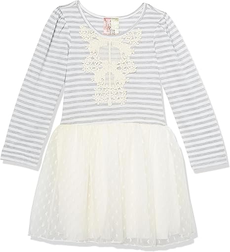 Girls' Stripe Dress with Crochet Lace Detail at Chest