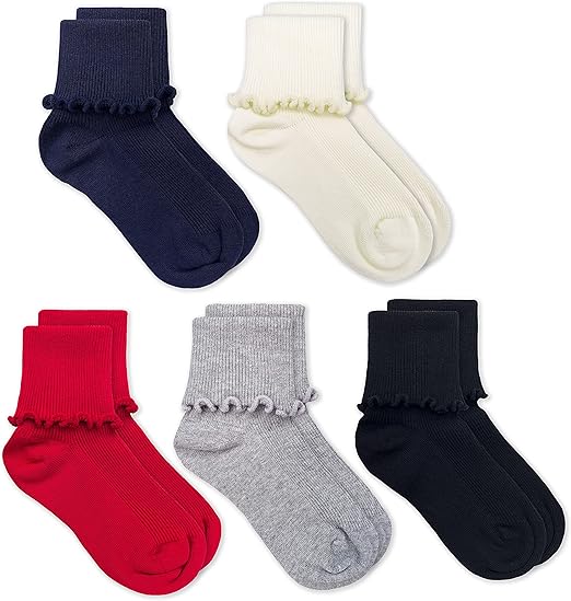 Jefferies Socks Girls' Ripple Ruffle Trim Seamless Turn Cuff Crew Socks 5 Pack