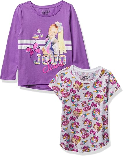 JoJo Siwa 2-Piece Short Tee & Long Sleeve T-Shirt Bundle Set Bow, Unicorns-Girls Sizes 4-16