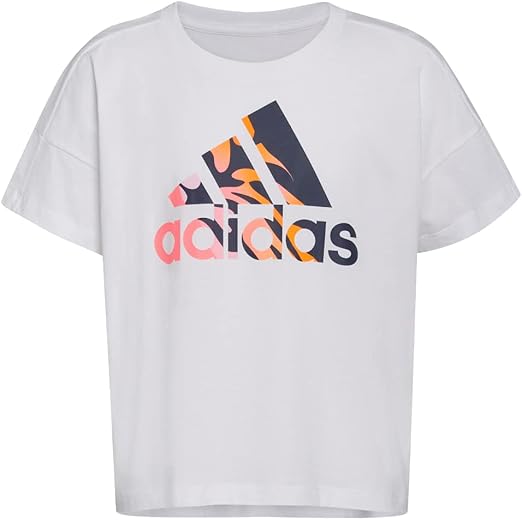 adidas Girls' Big Short Sleeve Tee T-Shirt, White Pastel, Small