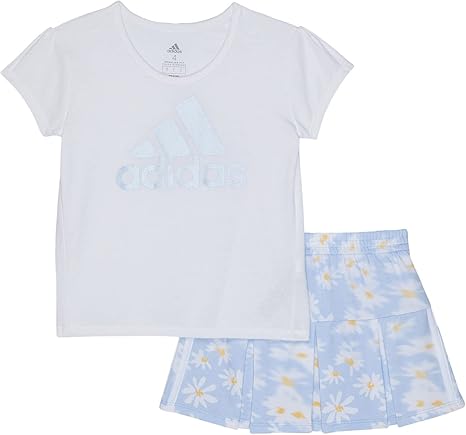 adidas Girls Short Sleeve Tee & All Over Print French Terry Pleated Skort Set