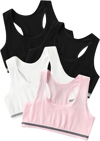 OYOANGLE Girl's 4 Pack Racerback Sports Bra Girls Sports Bras Print Solid Training Bras for Girls Teens 4 Pack