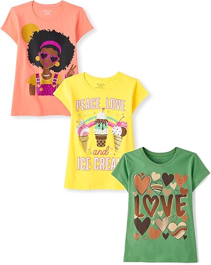 The Children's Place Kindness, Equality Short Sleeve Graphic T-Shirts, Multipacks, Ice Cream/Love Hearts/Girl Peace 3-Pack