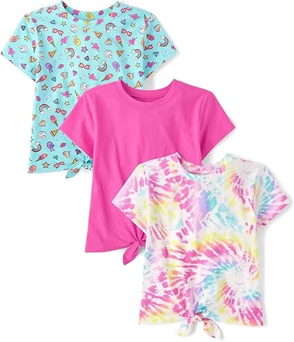 The Children's Place Girls' Short Sleeve Front Top, Tie Dye/Icons/Pink 3-Pack