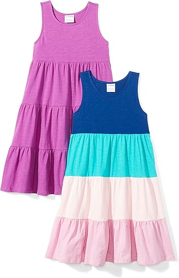 Amazon Essentials Girls and Toddlers' Knit Sleeveless Tiered Dresses (Previously Spotted Zebra), Pack of 2