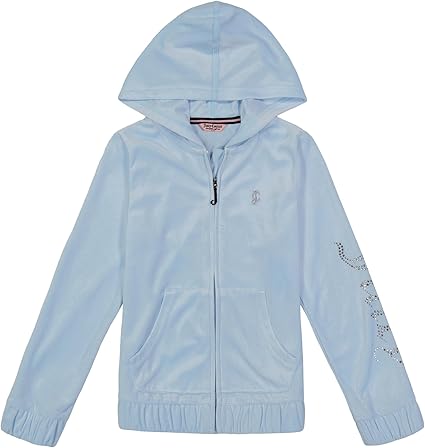 Juicy Couture Girls' Plush Velour Pant and Hoodie Sweatshirt Seperates, Sky Blue/Full Zip, 8-10