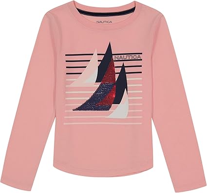 Nautica Girls' Long Sleeve Graphic T-Shirt, Flip Sequin and Glitter Embellishments