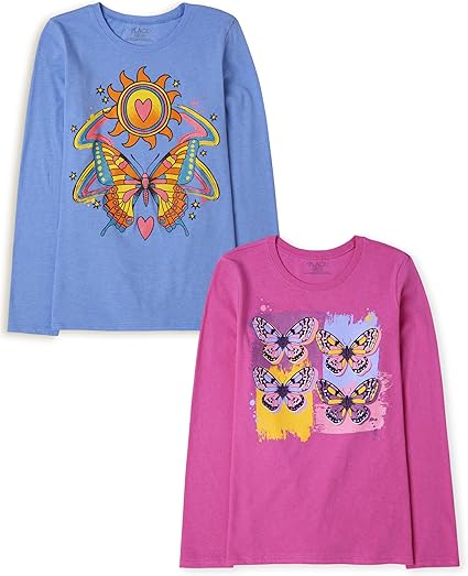 The Children's Place girls Long Sleeve Graphic T-shirt 2-pack T Shirt, Butterfly & Sun/Butterflies, X-Small US