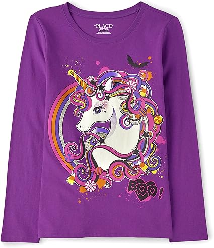 The Children's Place Girls' All Holidays Long Sleeve Graphic T-Shirts, Purple Unicorn, XX-Large