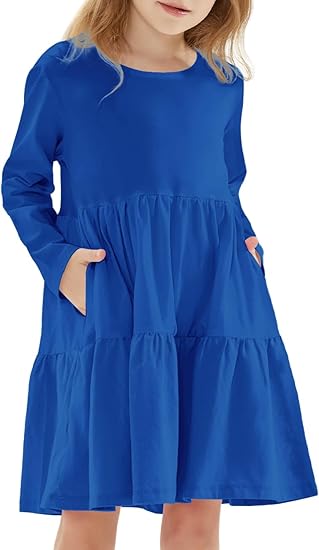 Noomelfish Girls Long Sleeve Tiered Dress Loose Flowy Ruffle Swing Dresses with Pockets (4-12 Years)