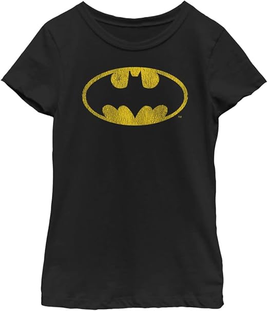 Warner Brothers Batman Yellow Bat Girls Short Sleeve Tee Shirt, Black