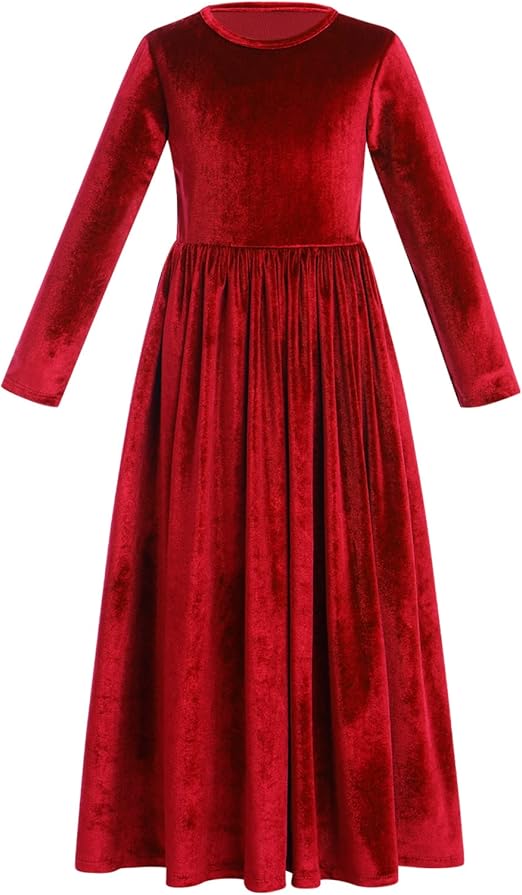 Flower Girl Velvet Dress for Kids Wedding Bridesmaid Pageant Party Christmas Long Sleeve Vintage Maxi Dress with Pocket