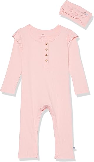 HonestBaby Girls' 2-piece Chunky Rib Ruffle Sleeve Coverall and Headband (Legacy)