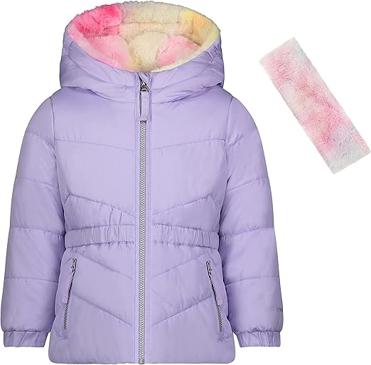 LONDON FOG Girls Toddler Warm, Hooded Puffer Winter Jacket With Matching Headband