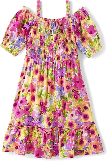 The Children's Place Baby Girls' Short Sleeve Dressy Special Occasion Dresses, Madalyn Floral Cold Shoulder, Large