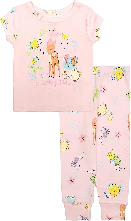 Disney Girls' 2-Piece Snug-fit Cotton Pajama Set, Soft & Cute for Kids