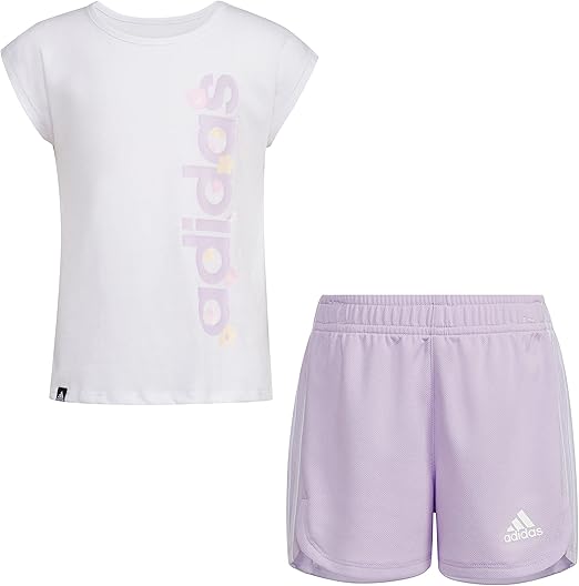 adidas Girls 2 Piece Graphic Tee & Mesh Short Set