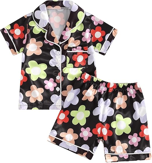 Toddler Girls Floral Print Pajamas Kids Short Sleeve Button Down Tops Elastic Waistband Shorts Silk Flower PJs Sets (Colorful Flower Black, 2-3 Years)