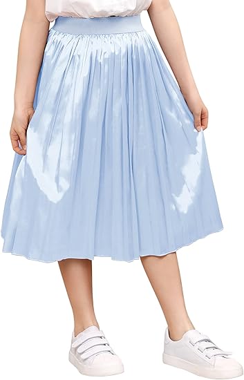 Girls Pleated Midi Skirt Elastic A-line Flared High Waist Swing Metallic Shiny Shimmer 3-12 Years