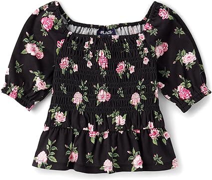 The Children's Place Girls' Long Sleeve Smocked Peplum Top, Black Floral