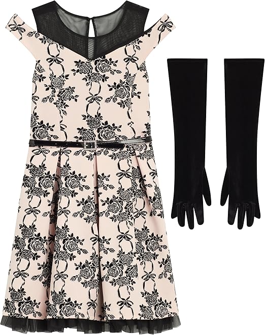 Beautees Girls' Cold Shoulder Skater Dress with Belt and Gloves