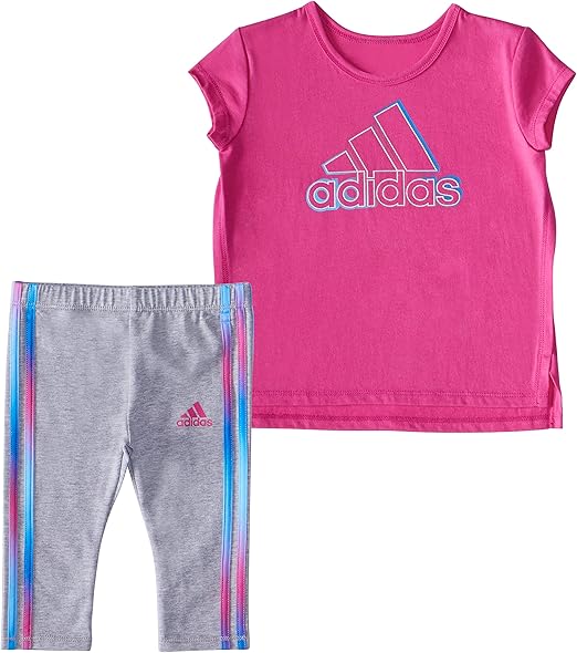 adidas girls 2 Piece Cotton Tee 3-stripe Tight SetLeggings