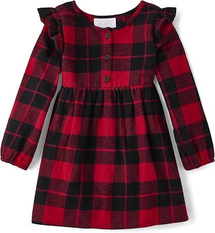 The Children's Place Baby Girl's and Toddler Short Sleeve Fashion Dress, Red Plaid, 2T