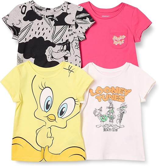 Amazon Essentials Looney Tunes Girls and Toddlers' Short-Sleeve T-Shirts, Pack of 4